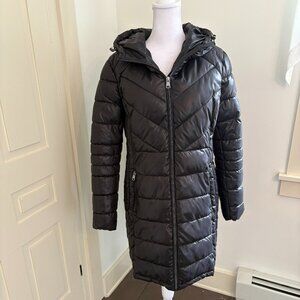Knee Length Black Zip-Front Puffer Coat with Attached Hood, L, by Kenneth Cole